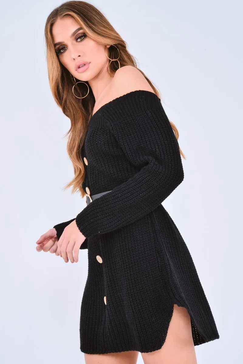 Black Bardot Button Front Chunky Knit Jumper Dress - Syanna