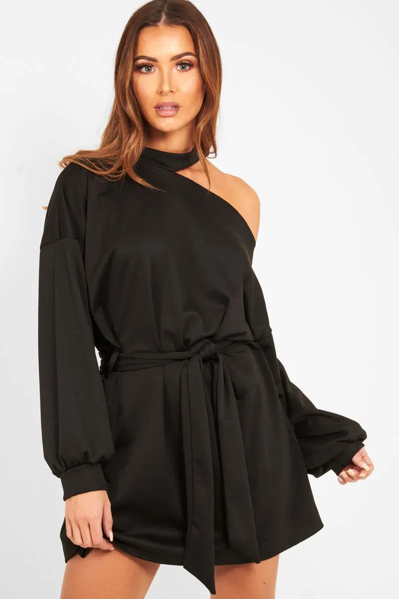 Black Belted Cold Shoulder Jumper Dress - Elston