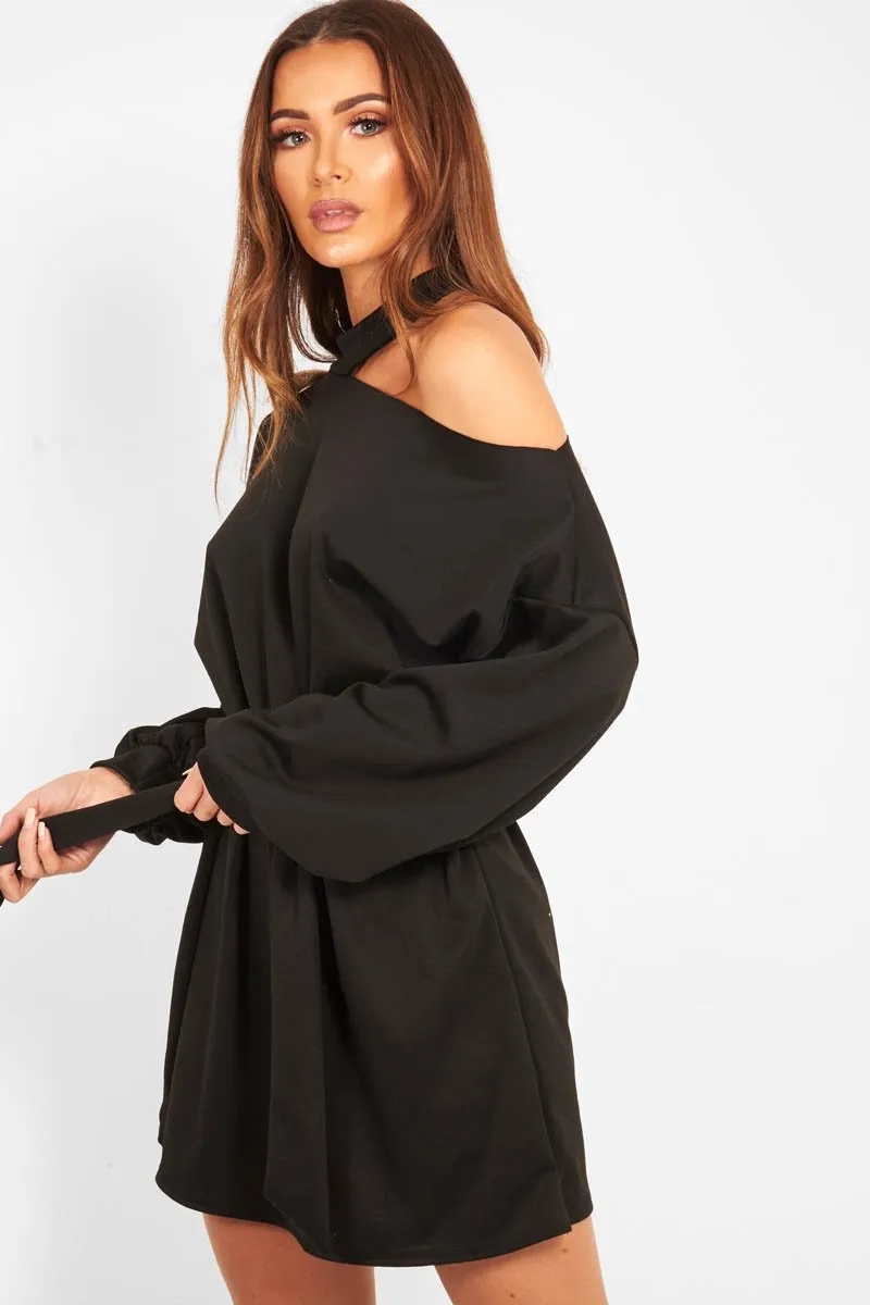 Black Belted Cold Shoulder Jumper Dress - Elston