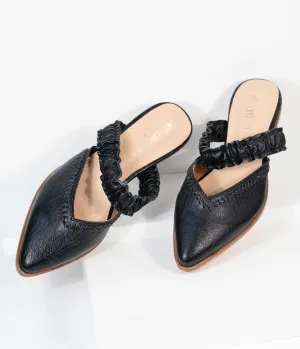 Black Leatherette Ruffle Strap Mules