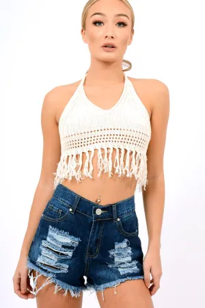 Cream Tassel Crochet Halter Crop Top - Dayna