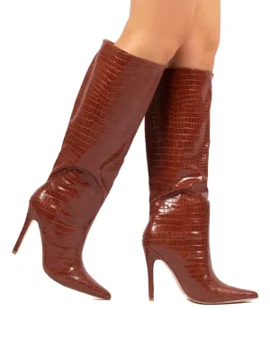 Define Tan Croc Stiletto Heeled Boots