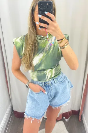 Green tie dye shoulder padded top