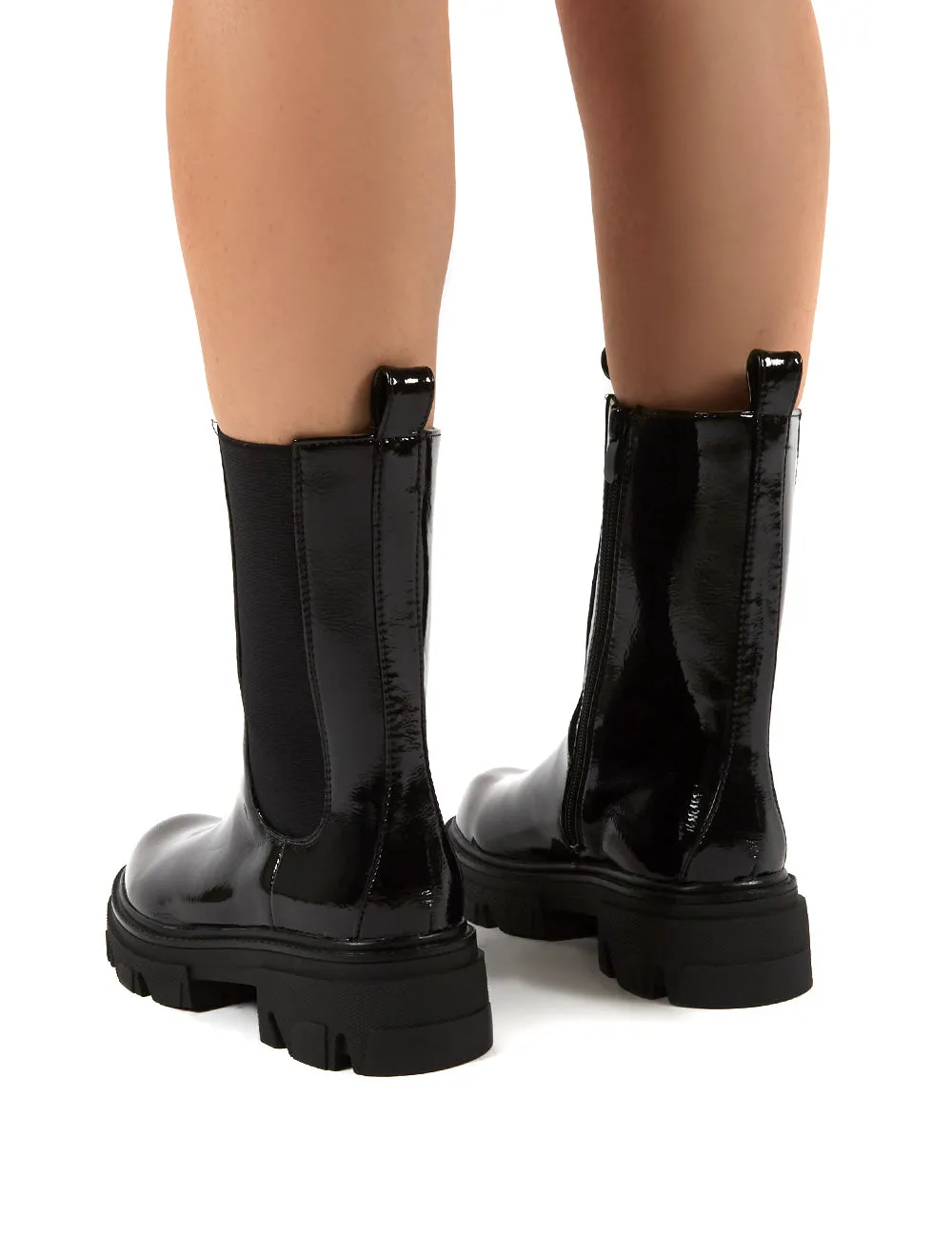 Recess Black Patent Chunky Sole Calf High Boots