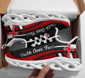 Red Black Jesus Faith Over Fear Running Sneakers Max Soul Shoes - Christian Shoes For Men And Women