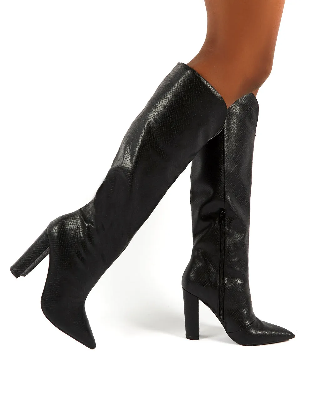 Slow Black Snake Knee High Block Heel Boots