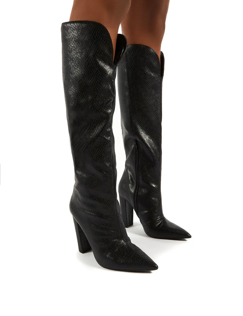 Slow Black Snake Knee High Block Heel Boots