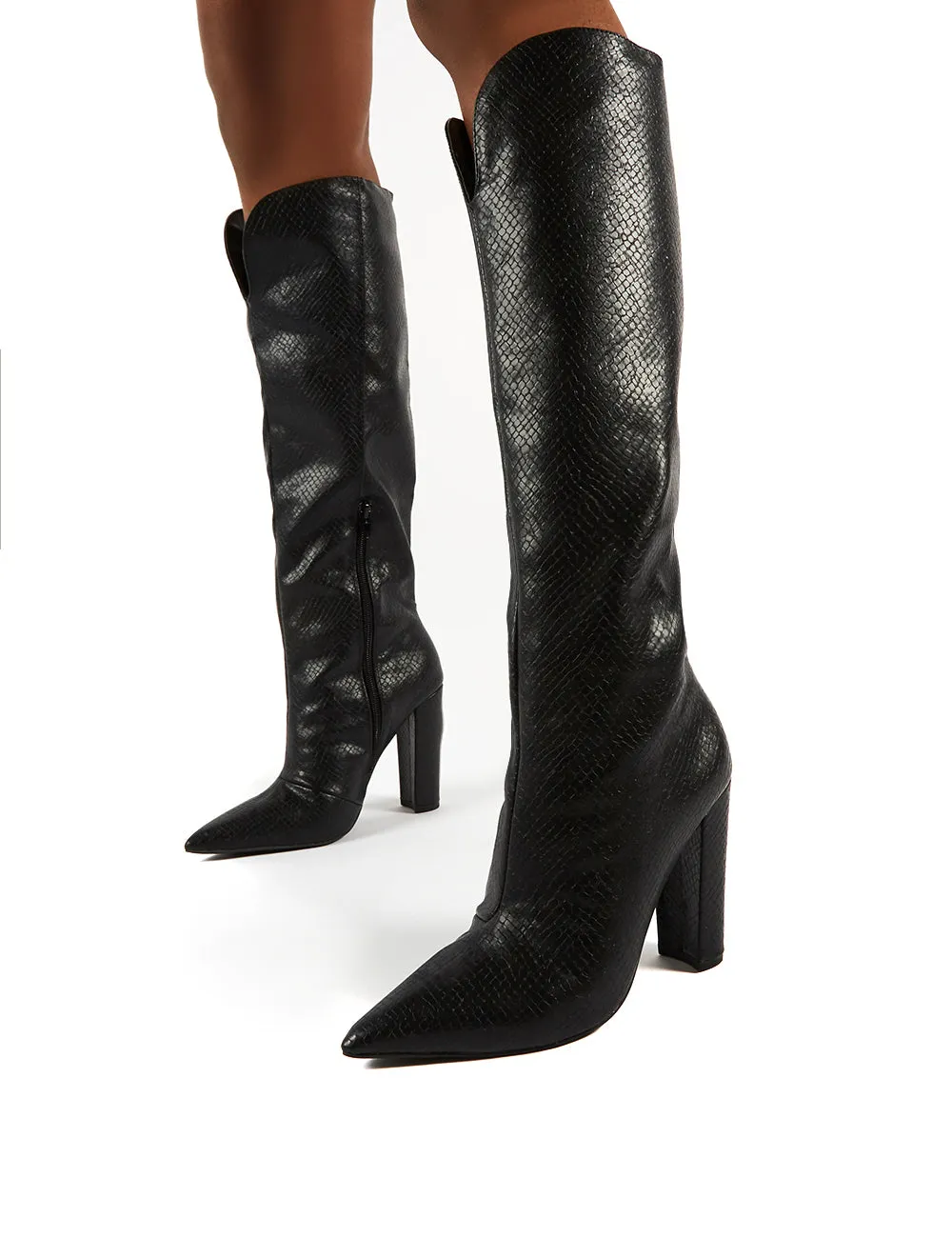 Slow Black Snake Knee High Block Heel Boots