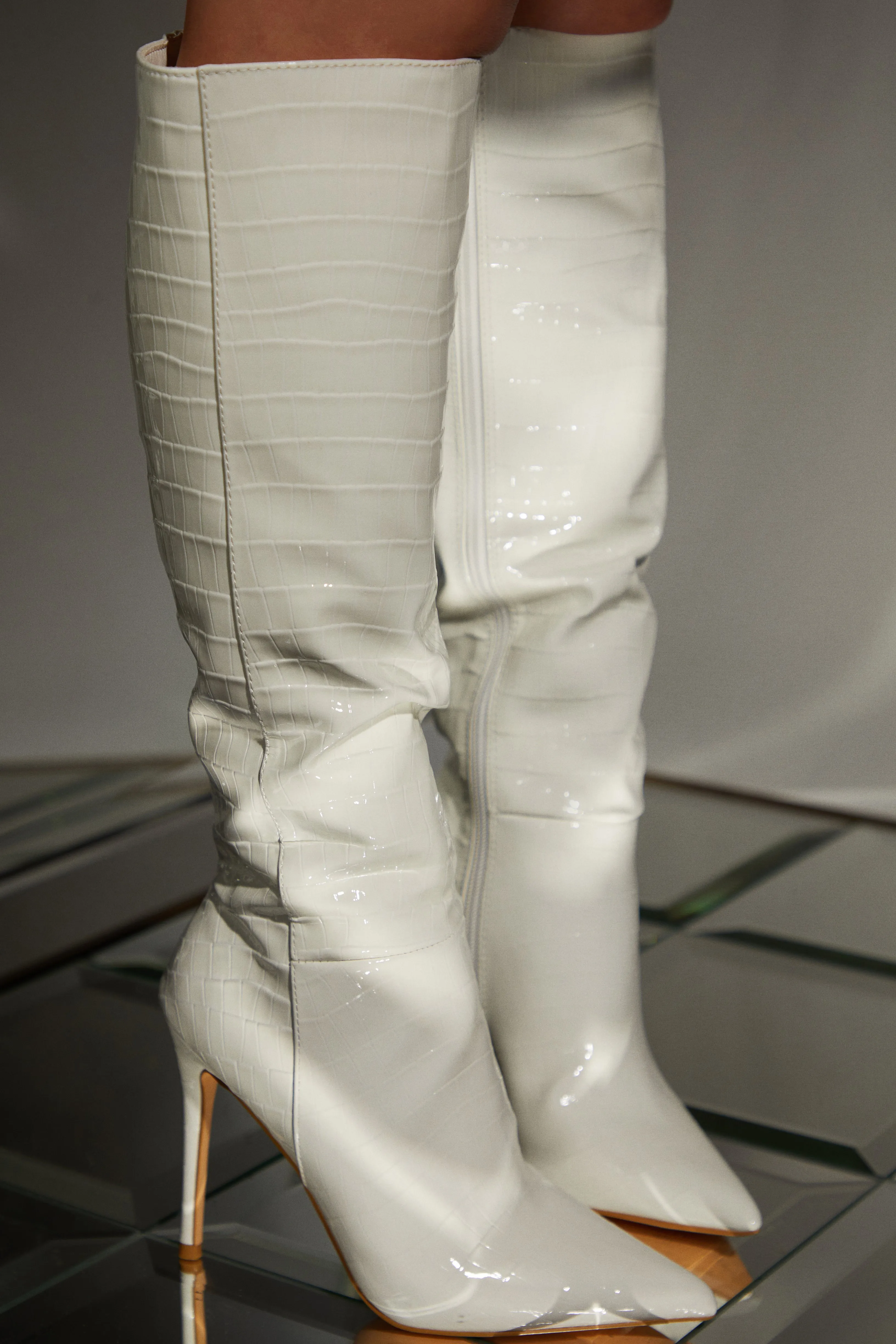 Trisha Knee High Heel Boots - White