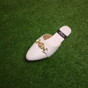 White Buckle Mules In Flat Sole