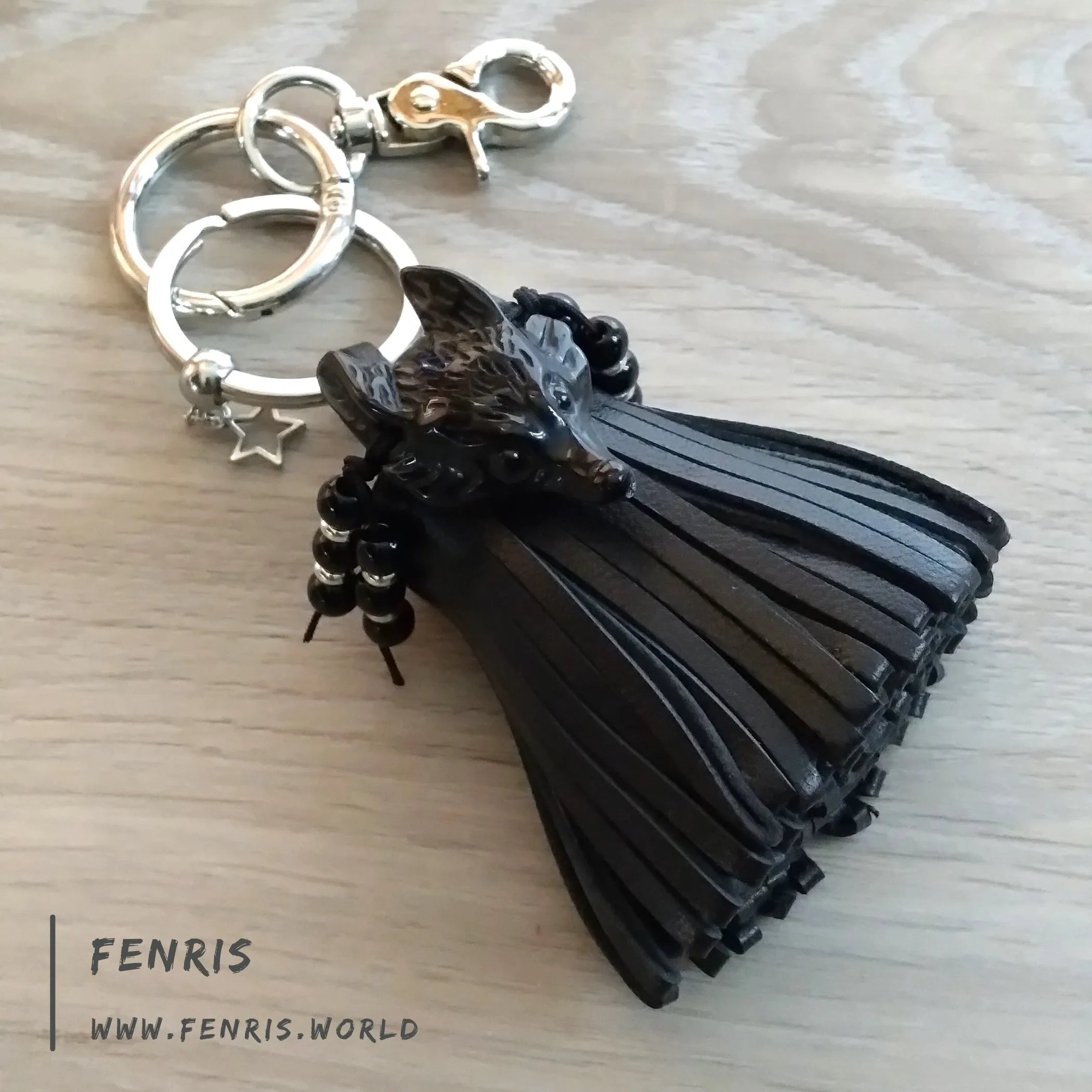 Wolf Keychain Leather Tassel Black Obsidian Handmade