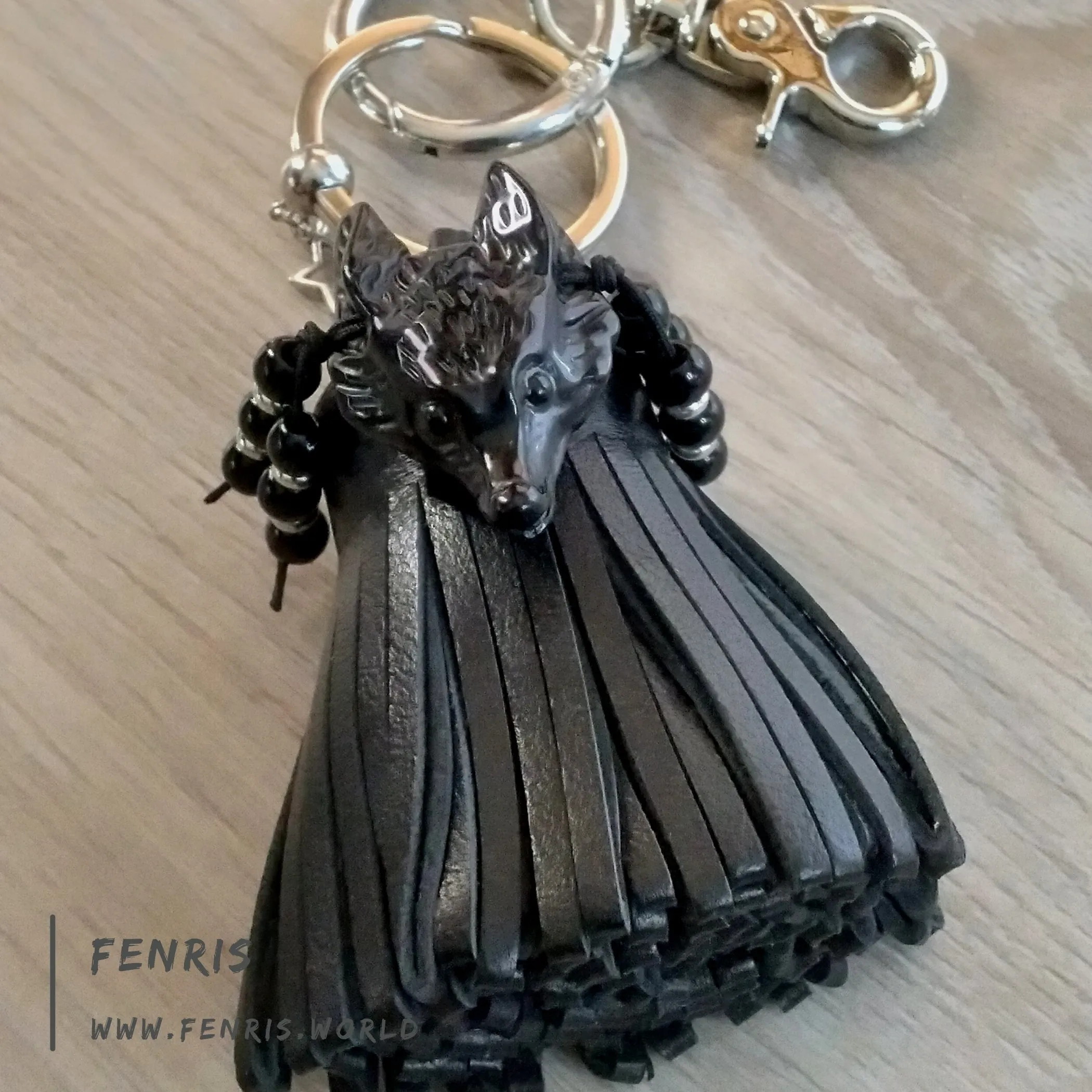 Wolf Keychain Leather Tassel Black Obsidian Handmade