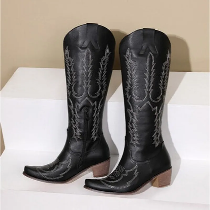 Women's Low Heel Embroidered Knee-High Vintage Boots Large Sizes Available