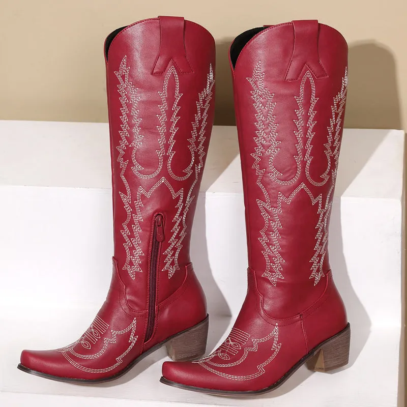 Women's Low Heel Embroidered Knee-High Vintage Boots Large Sizes Available