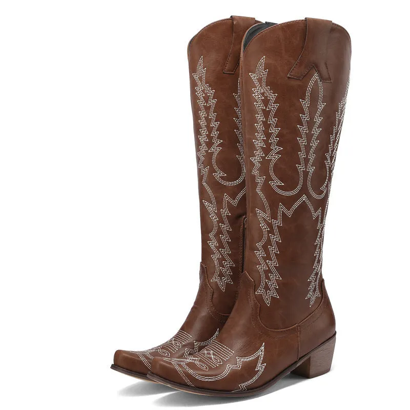 Women's Low Heel Embroidered Knee-High Vintage Boots Large Sizes Available