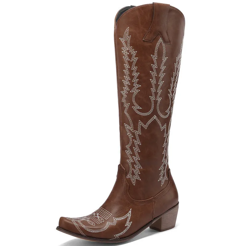 Women's Low Heel Embroidered Knee-High Vintage Boots Large Sizes Available