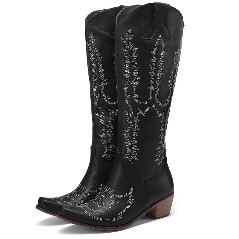 Women's Low Heel Embroidered Knee-High Vintage Boots Large Sizes Available