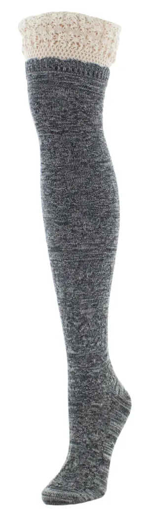 Women's Warped Crochet Over the Knee Socks -Black